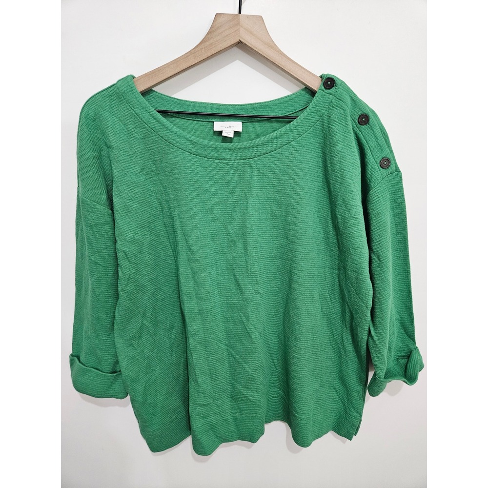 J. Jill Pure Jill Green Textured Knit‎ Boat Neck Button Shoulder Top L Petite